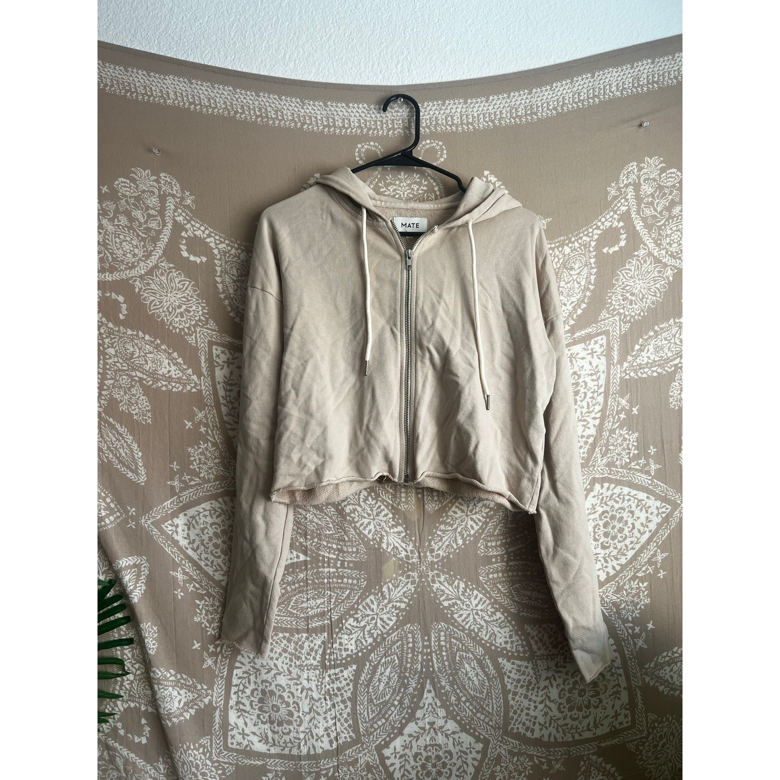 Mate The Label Lewis Cropped Zip Up Hoodie In Tan/Beige
